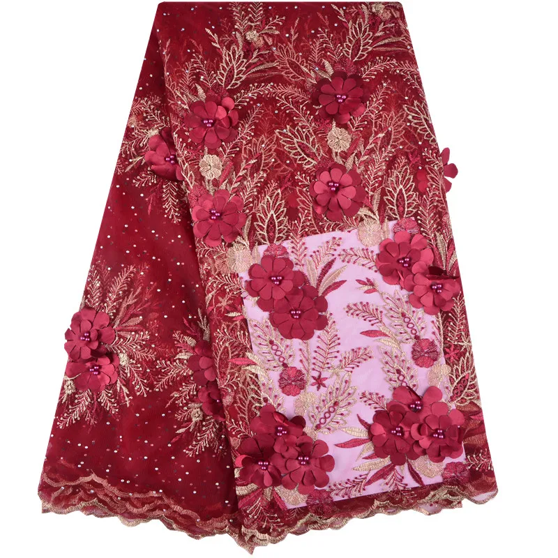 2019 Lateast African Net Lace Fabric 3D flower High Quality Nigerian With Stones French Tulle Mesh For Woman | Аксессуары для