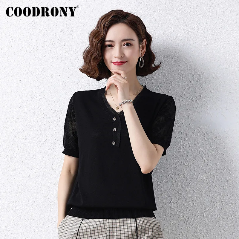 

COODRONY Brand Summer Casual Knitted Women‘s Short Sleeve Thin Tops Elegant Fashion Female V-Neck Solid Color T-Shirts W5073S