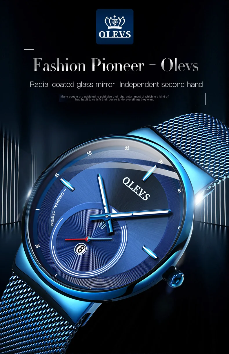 NEW OLEVS Watch Men Luxury Quartz Date Blue Dial Thin Top Brand Watches Sports Chronograph Mesh Belt Wrist Watch Man Clock