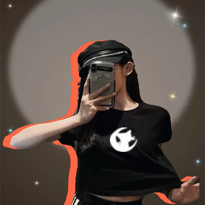 Светоотражающая Футболка с принтом Луна Кот летняя Новинка 2020 свободная