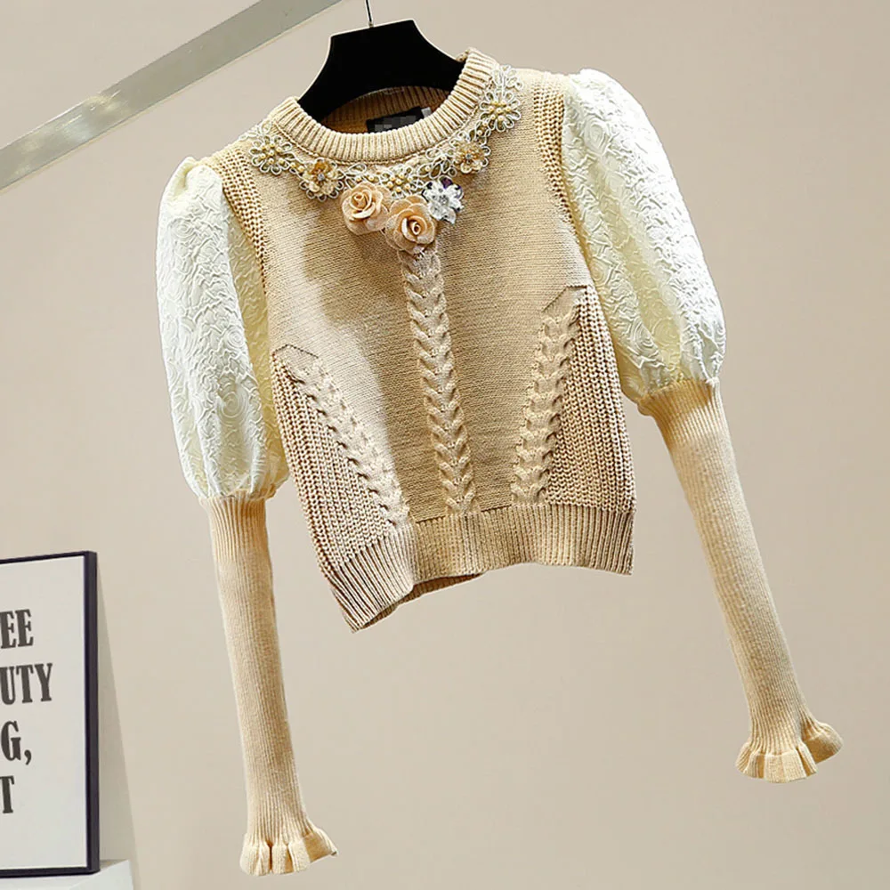 Укороченный джемпер для женщин новый вязаный свитер с бусинами кристаллами и