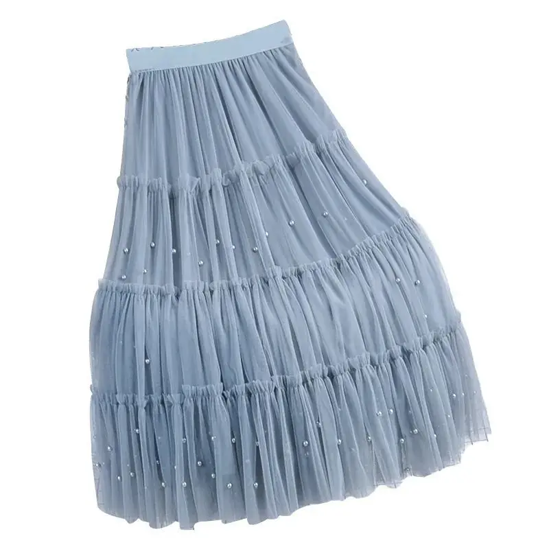

Beaded Mesh Skirt Women's 2022 New Puff Skirt Mid-length High Waist Thin Pleated Skirt A-line Veil Skirt
