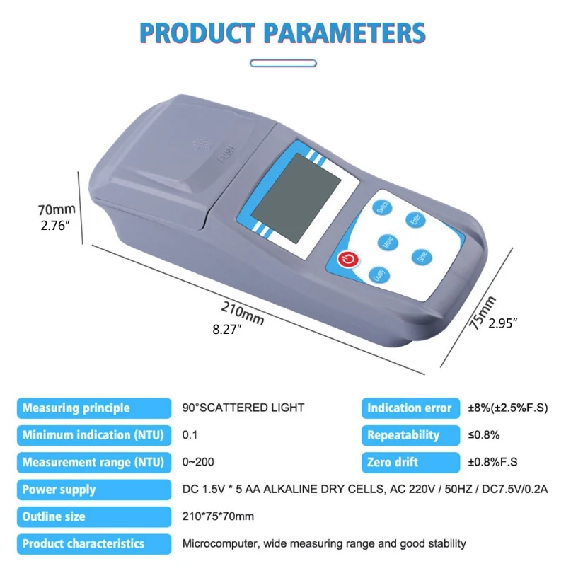 

Portable Turbidimeter Microcomputer Scattered Light Turbidity Meter Intelligent Colorimeter Measure Range 0-200 NTU 0.1