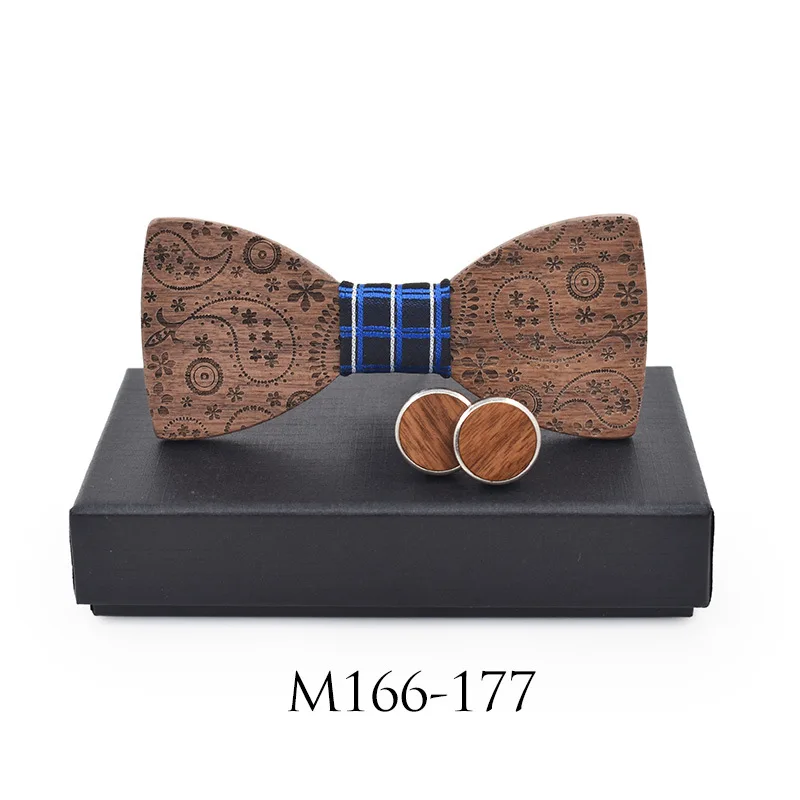 

2018 new adult Paisley carving party wooden bow tie CUFFLINK SET