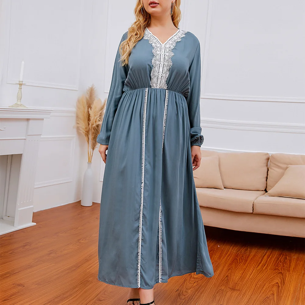 

New solid color long-sleeved plus size dress for women Fashion Puff Sleeve V-Neck Midi Dress Spring and Autumn Women