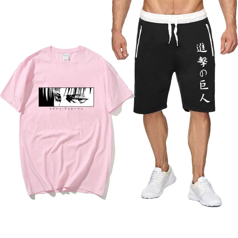 

Summer Men Two Piece Set Anime Cotton T-Shirt + Sports Shorts Sets Attack On Titan Shorts Pantsuit T Shirts Sets Sweatpants