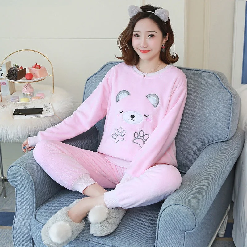 

two piece set women autumn and winter long-sleeved coral fleece pajamas women thick Korean flannel home service suit