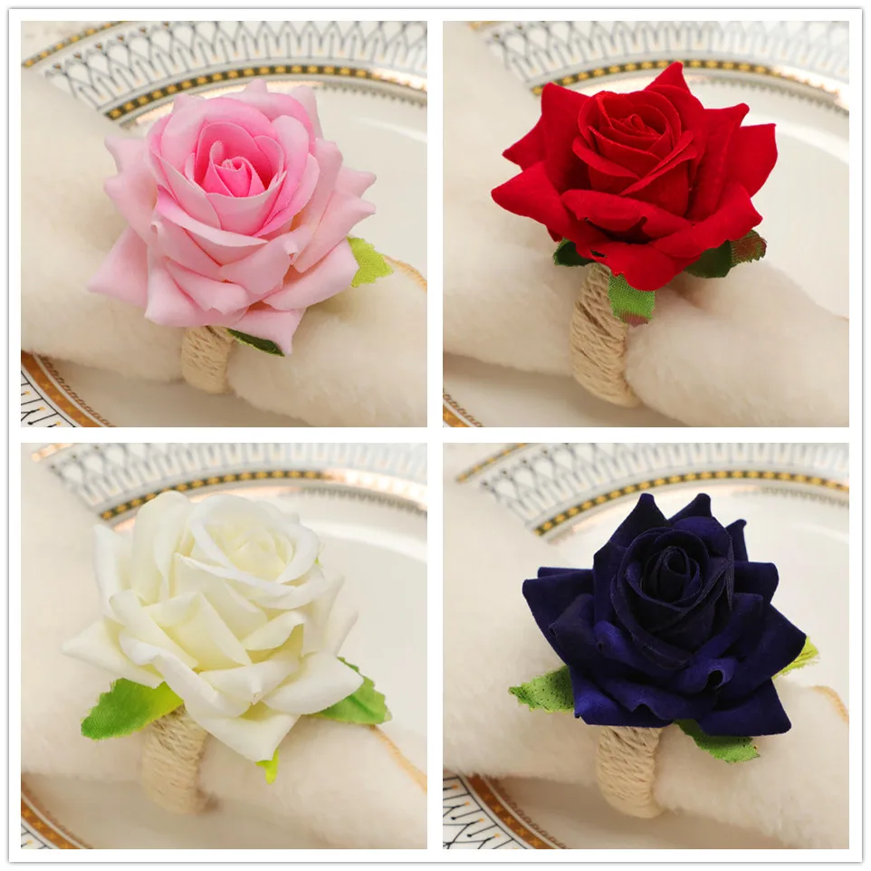

4pcs Faux Rose Flower Napkin Rings Table Decoration Napkin Ring Wedding Day Party Handmade Napkin Decorative Crafts