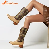 karinluna hot sale popular female square toe chunky heels slip on boots mixed colors print sewing mid calf boots women