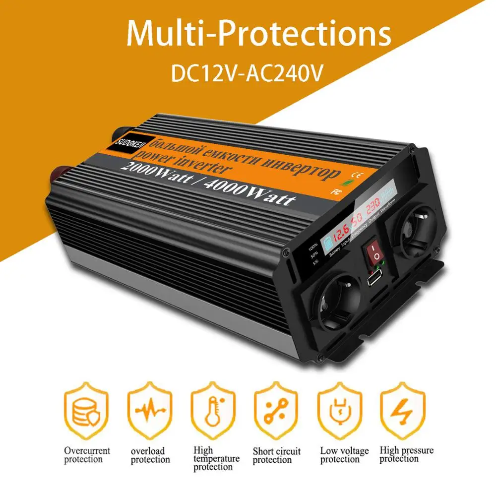 Inverter 12V 24V 2000W 4000W Voltage transformer Modified Sine Wave Power DC to AC 220V Converter LED Display+USB | Автомобили и