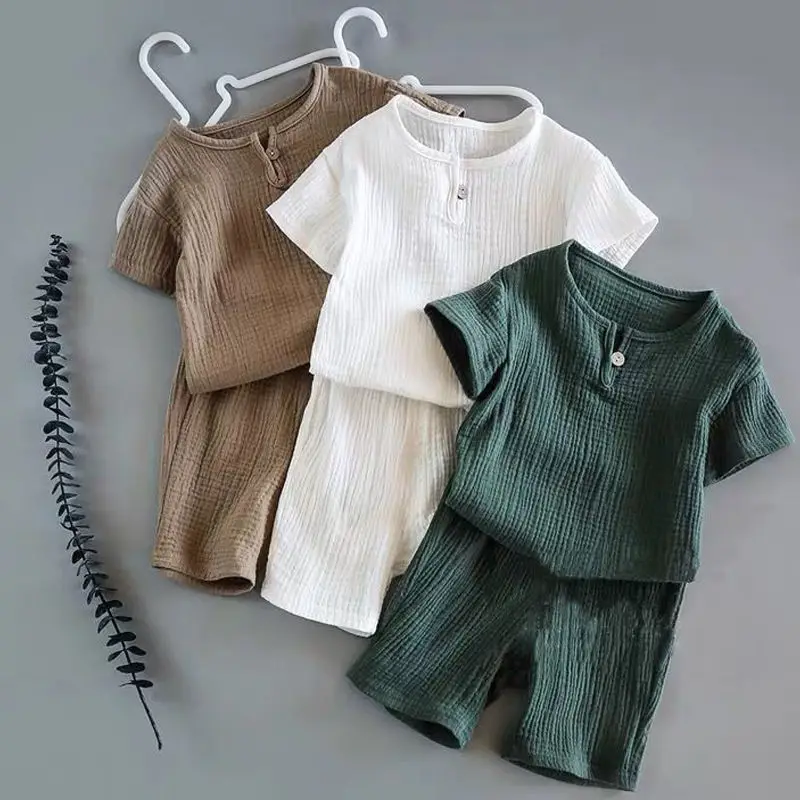 

2021 Baby Set Summer Cotton Linen Solid Short Sleeve T-shirts + Shorts Kids Clothes Casual 2 Pcs Set Children Clothing Sets