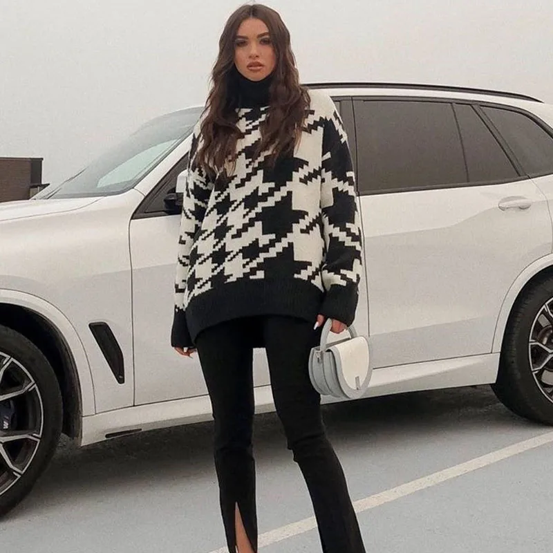 

yuqung 2020 Autumn Women's loose oversize Sweaters Geometric long sleeve Turtleneck Casual Pullover Lady Jumpers streetwear