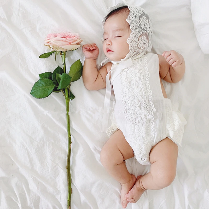 Baby Photography Clothing White lace Hat+Cotton Jumpsuit 2pcs/set Studio Baby Girl Photo Props Accessories Princess Clothes