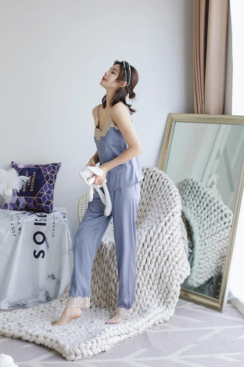 Женские шелковые пижамные комплекты Женская Сексуальная кружевная атласная