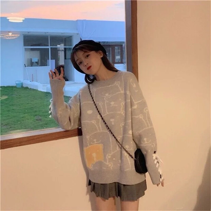 

Autumn And Winter New Ins Full Print Cartoon Bear Kawaii Loose Oversized Sweater Female Sleeves Lace-Up Decorative Sweater Outer
