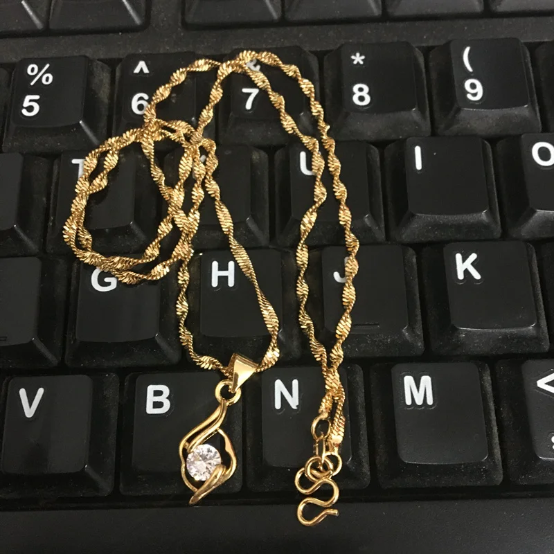 Pure Gold 24K Necklace Electroplating Zircon Crystal Pendant 2MM46CM Water Wave For Women's Wedding Jewelry G | Украшения и