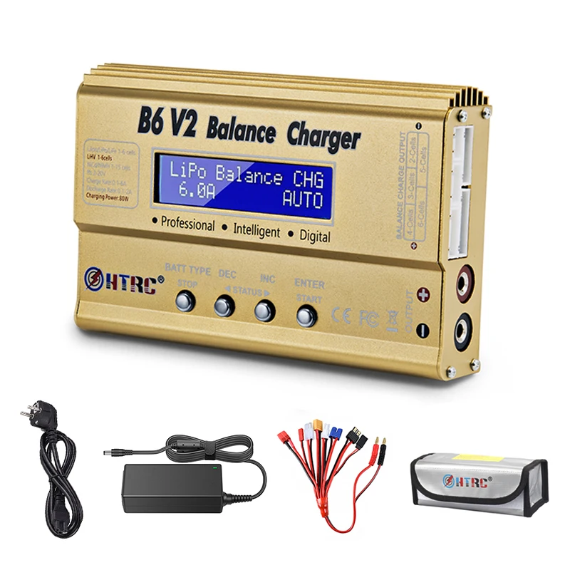 HTRC батарея баланс зарядное устройство B6 V2 80 Вт RC разряда с адаптером+ 8 в 1 Кабели+ LiPo безопасный батарея защита взрывозащищенный мешок