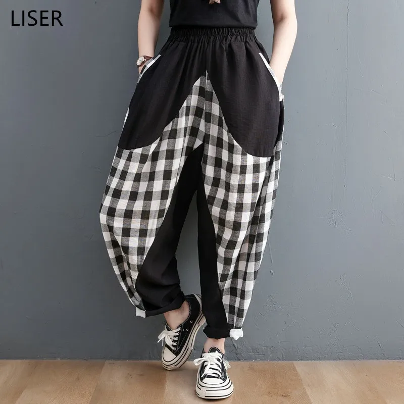 

Весна-осень, модные широкие брюки, женские свободные брюки большого размера с клетчатым швом, новинка 2021, трендовые тонкие черные шаровары ...