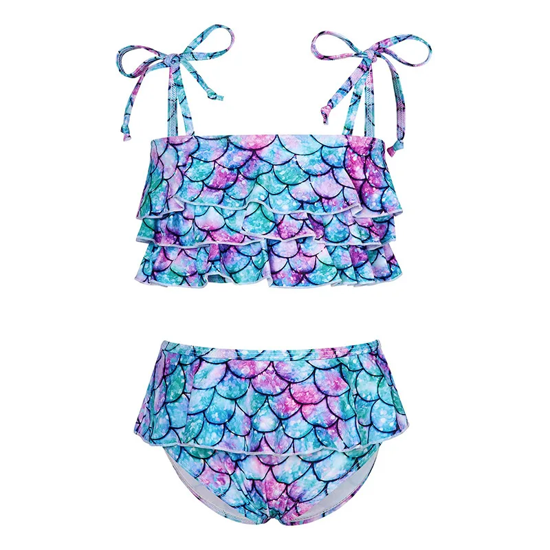 

Summer Children Swimming Suit Girl Bikini 3D Mermaid Printing Children's wading Swimwear Two-Piece Falbala Beach Kids Bathing
