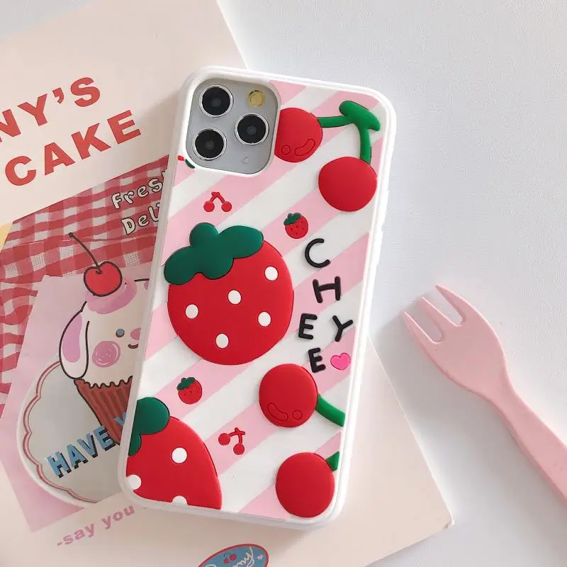 

For iPhone 11 Pro Luxury 3D Cute Cartoon Fruit Strawberry Phone Cover For iPhone 7 8 X Fashion Case Soft TPU Back Cases cover
