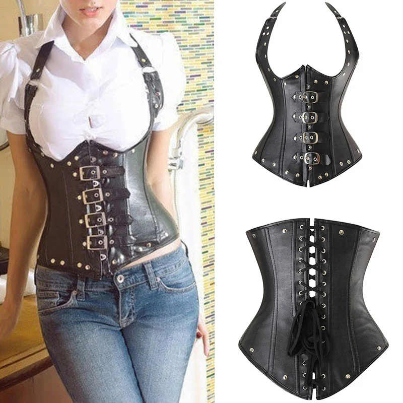 Женский Готический кожаный корсет в стиле стимпанк со стальными костями бюстье