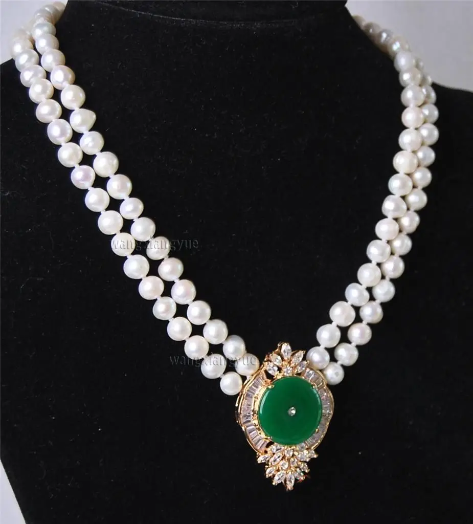 

natural beads Beautiful 2Rows White Pearl Green gem Pendant Necklace wholesale women's jewelry Luxury Girls Wedding