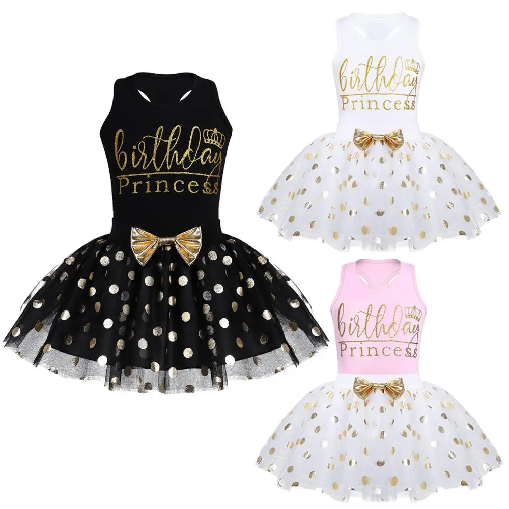 Infant Baby Girls Birthday Princess Outfit Set Sleeveless Tanks Cotton Top with Golden Polka Dot Tulle Tutu |