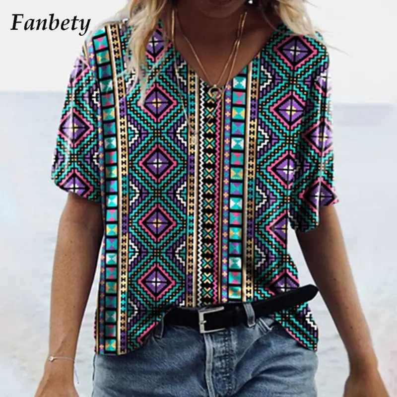 

Women Vintage Geometric Print Blouse Shirts 2022 Spring Sexy V Neck Loose Tops Pullover Summer Ladies Casual Short Sleeve Blusa
