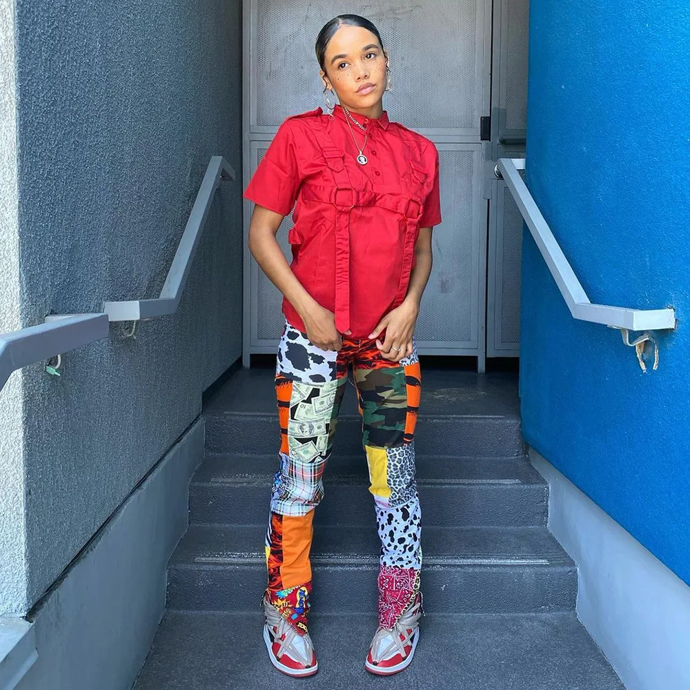 

Брюки женские с разрезом и принтом, модные штаны с многоэлементным принтом, уличная одежда, лето