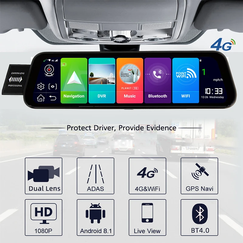 Автомобильное зеркало заднего вида 10 " 4G Android видеорегистратор gps навигация ADAS