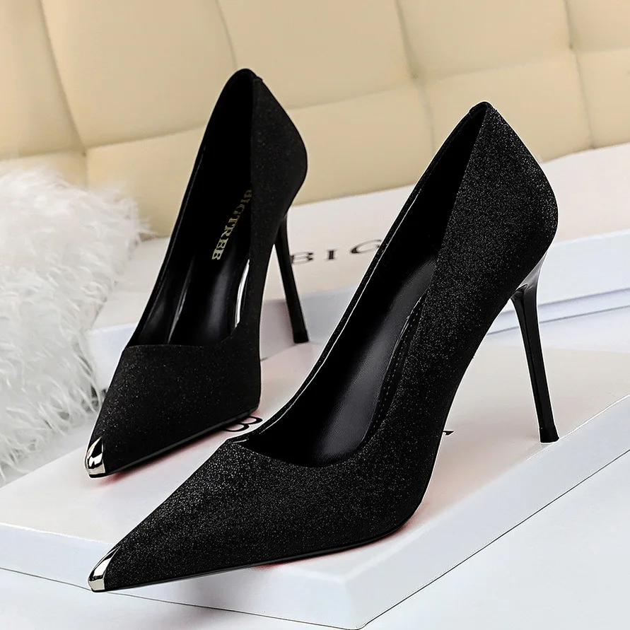 

263-2 Fashion Sexy Nightclub Slim Shiny Sequined Cloth High-heeled Metal Rhinestone Pointed Toe Women's Shoes