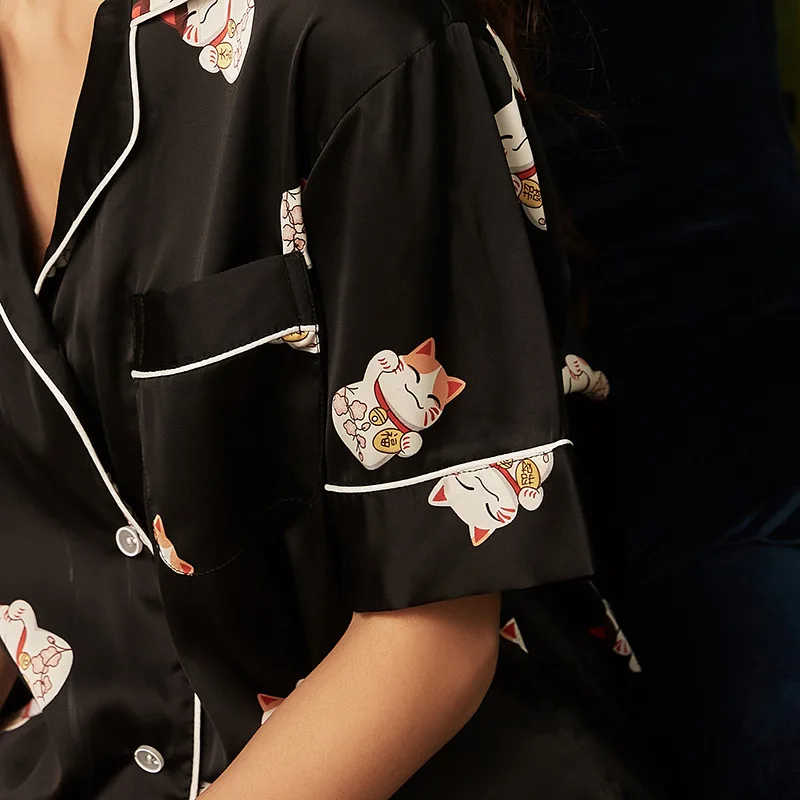 

simulation silk cartoon printing loose Marple 2021 spring and summer pajamas set pajamas for womens female ice silk pajamas