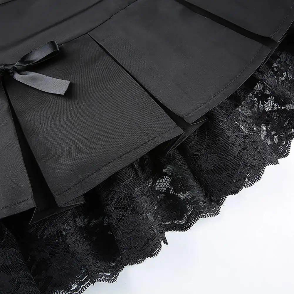 

Women High Waist Ruffled Mini Skirt A-line Sexy Lace Patched Bow Tie Miniskirt