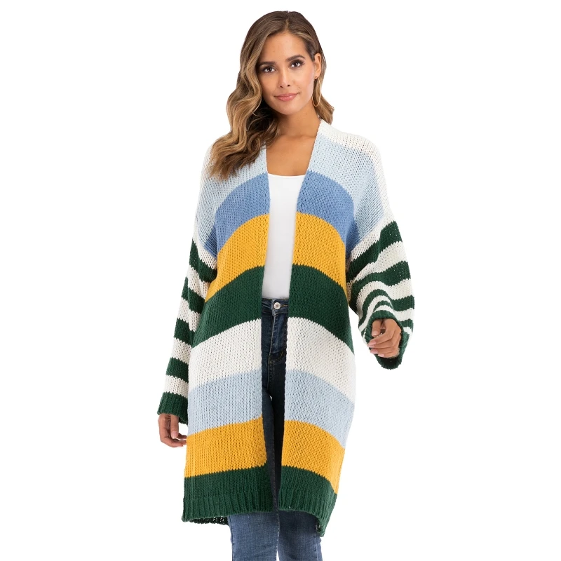 

Women Flare Long Sleeve Knitted Cardigan Colorblock Stripes Loose Sweater Coat M5TE