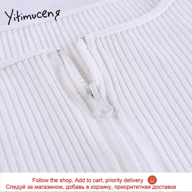 

Yitimuceng Woman Tshirts Zipper Cardigan Casual White Summer 2021 V-Neck Spliced Short Sleeve T Shirt Crop Top Fashion New