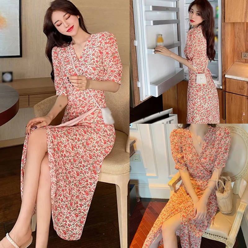 

Women Chiffon Dress Elegant Sweet Floral Prints Dress Sexy V-neck Ladies Dresses