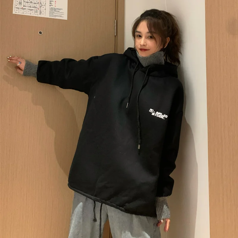 

Autumn Winter Women's Hoodies Loose Design Long-sleeved Plus Velvet Fashion Hooded Fake Two Piece Casual Pullover Female Tops