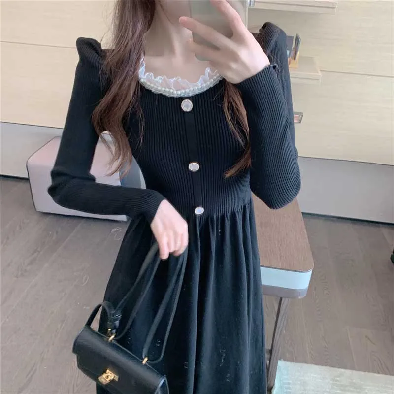 

Vintage Ladies Square Neck Knitted Dress Korean One-Piece Fashion Elegant Dresses 2020 Winter Lady Long Sleeve Dress Long Dress