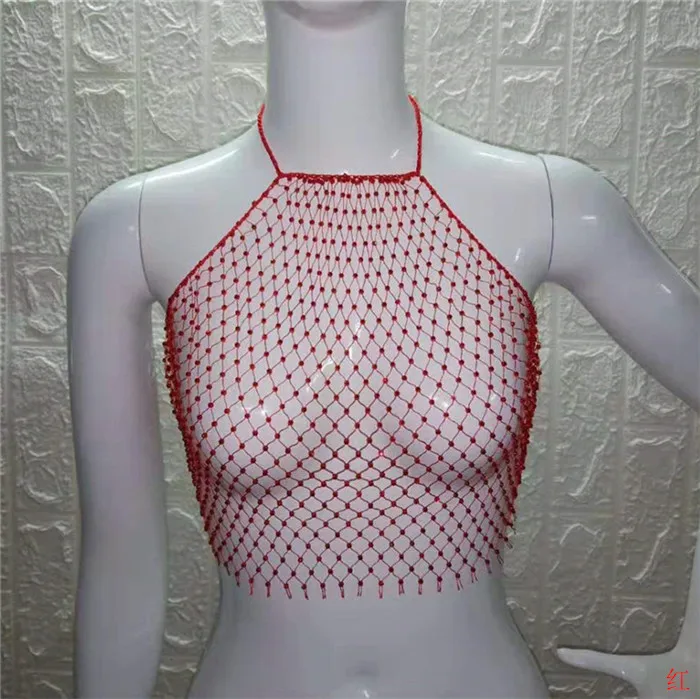 FestivalQueen, Женский сетчатый топ, стразы, открытая спина, укороченный топ, сексуальный, без рукавов, рыбная сетка, алмаз, выдалбливают, прозрачные, вечерние, короткий топ - Цвет: Red