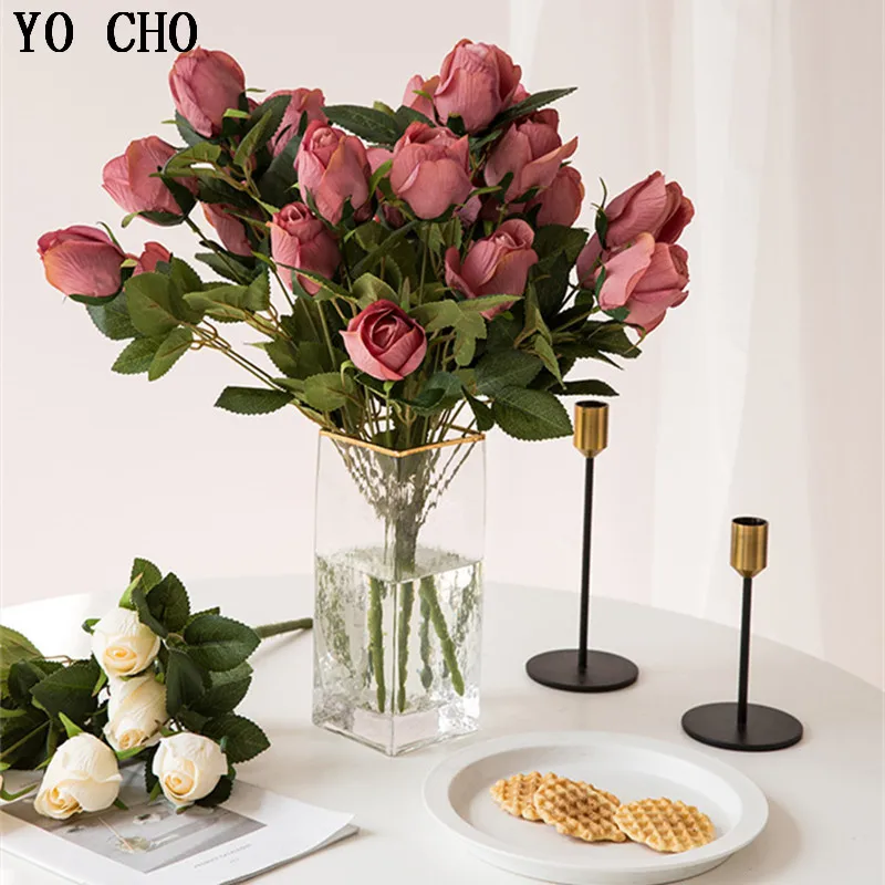 

YO CHO 9 Heads Exquisite Artificial Roses Silk Floral Bunch Mini Fake Flowers Wedding Home Table Vase Decor Fabric Rose Flowers