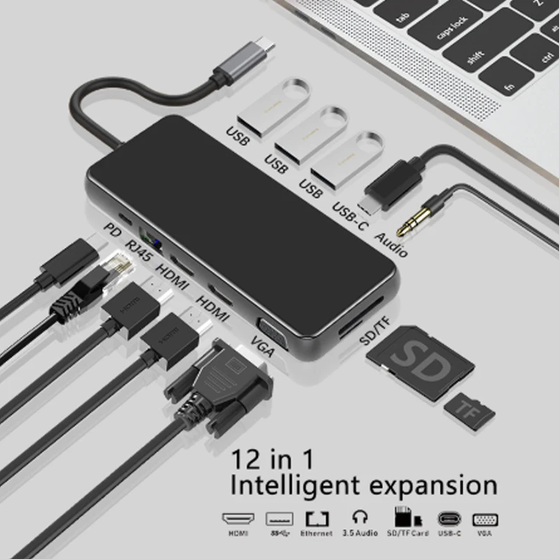 Интеллектуальная док-станция с 12 usb-разъемами и поддержкой двух четырехэкранных