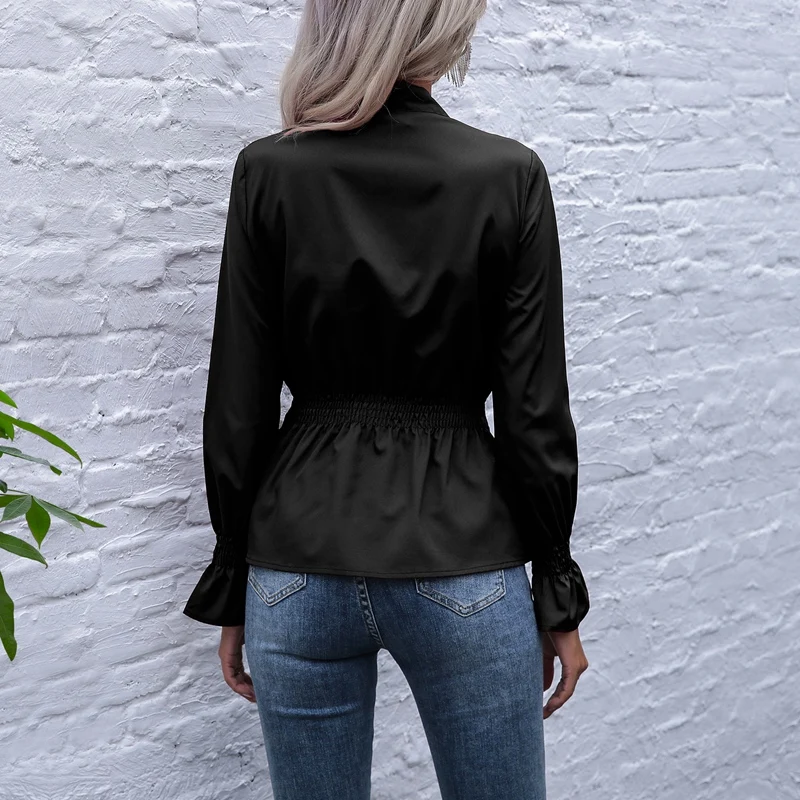 

Hot kf-Women's Solid Color V-Neck Pullover Slim-Fit Elastic Flared Long-Sleeved Shirt