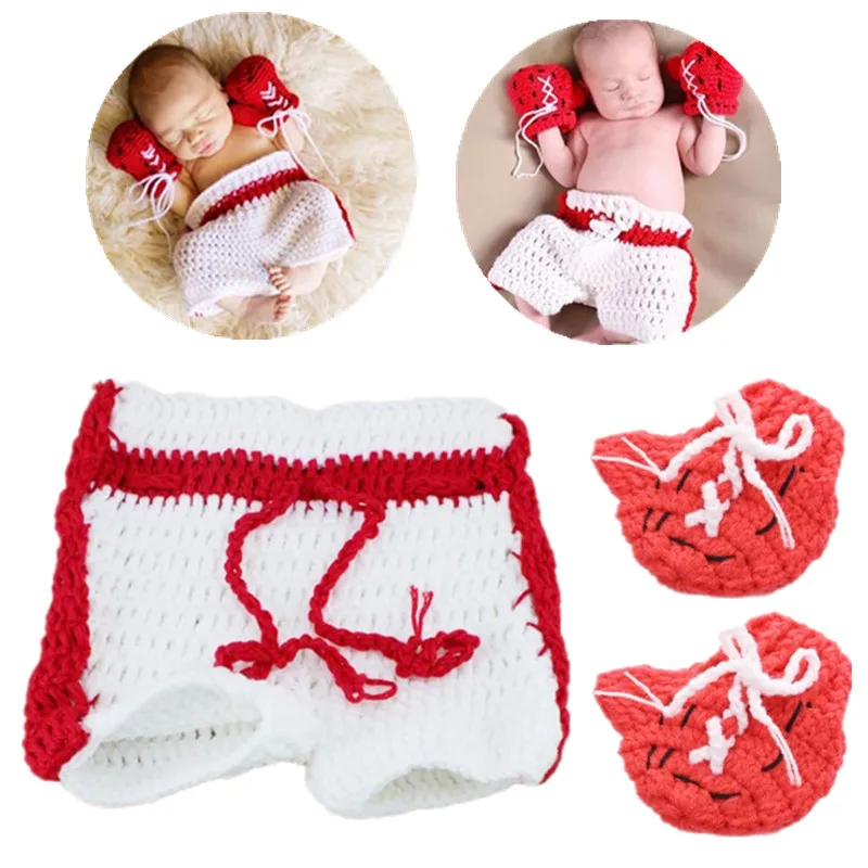 

2Pcs/Set Newborn Photography Props Infant Crochet Knit Cute Boxing Clothes Gloves And Pants Suit Baby Photo Costume