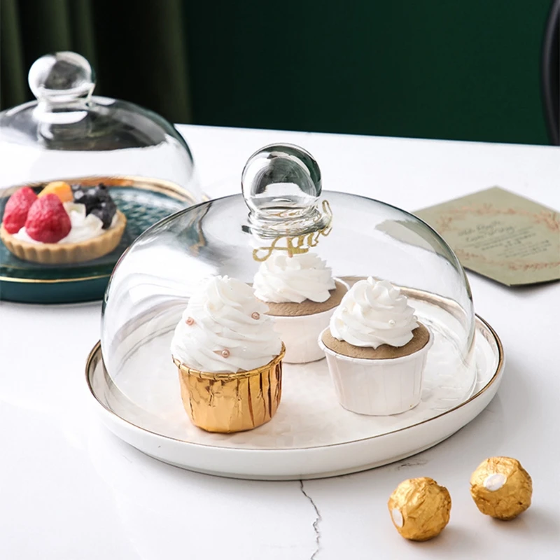 

Cake Stand and Serving Plates Platter with Dome Cover Multi-Purpose Use Shatterproof and Reusable Ceramic Glass Material