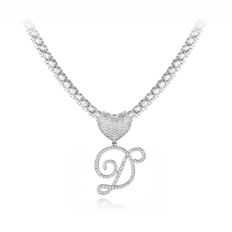 GrandBling Cursive Letters With Heart Tennis Chain Iced Out Name Necklace Choker  Hip Hop Jewelry  Drop Shipping