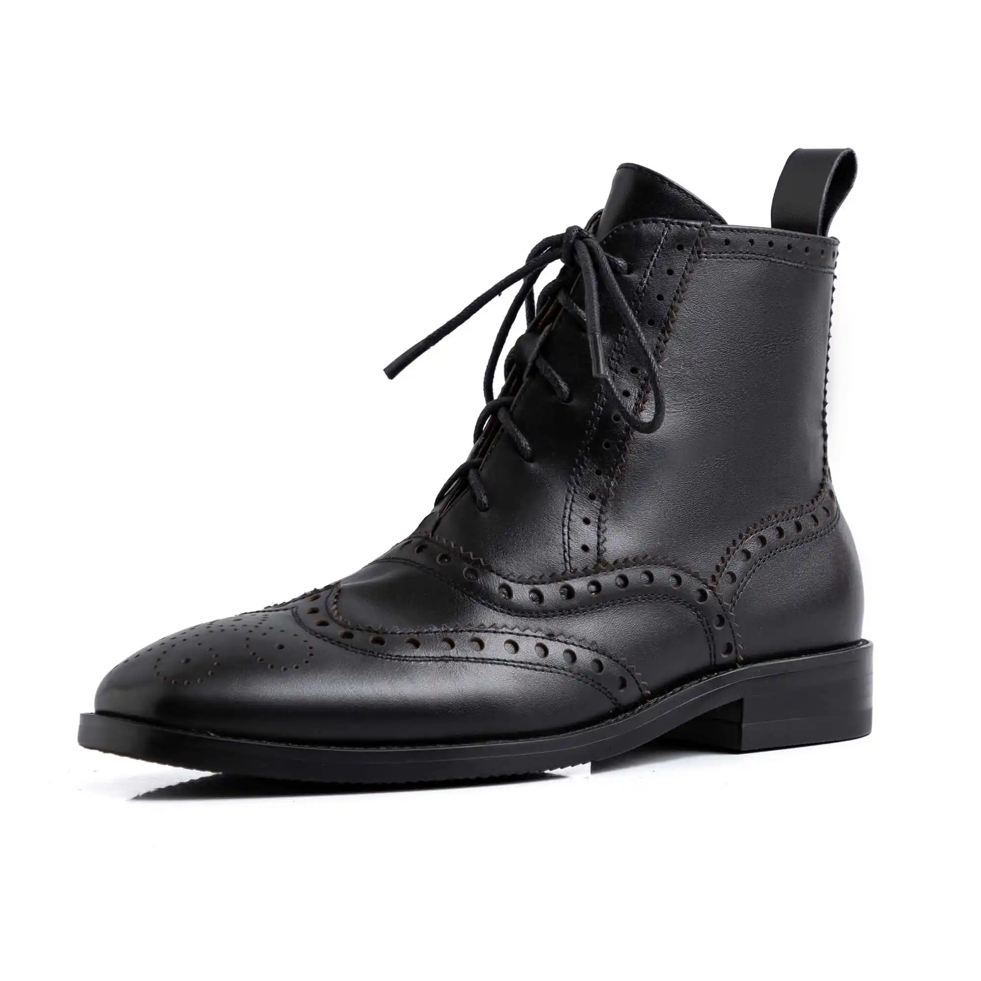 krazing pot British style brogue carved genuine leather boots square toe low heels winter women lace up fashion ankle boots L18