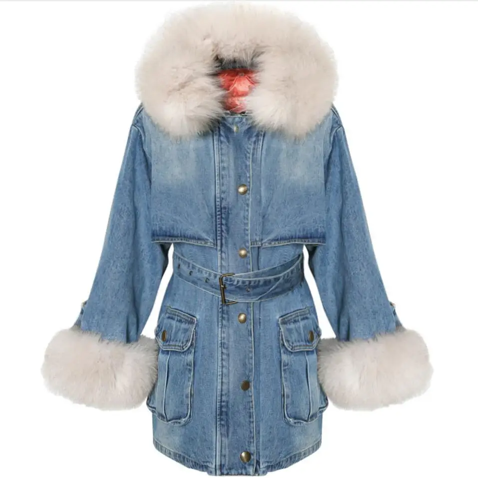 Парка с лисьим мехом зимняя джинсовая ветровка куртка хлопковой подкладкой