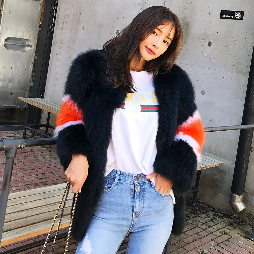 Женское пальто из лисьего меха черная куртка в Корейском стиле длинное на осень и