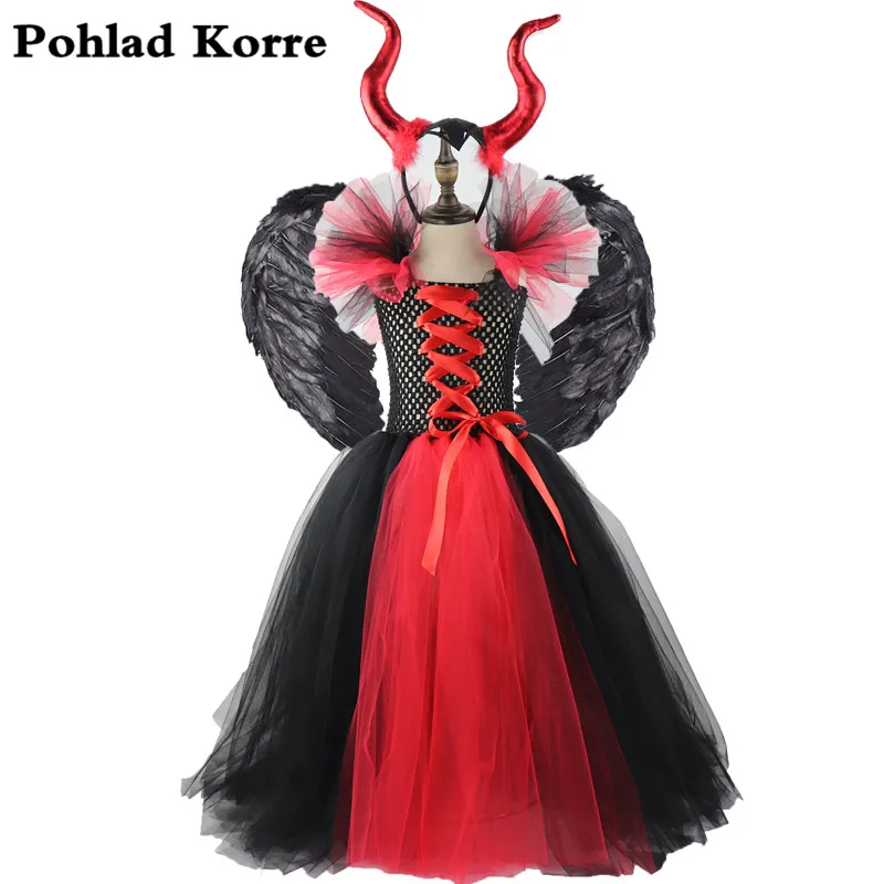 

Black Red Evil Witch Queen Girls Tutu Dress Wing Horn Kids Girls Halloween Costume Cosplay Carniva Party Girls Dresses Vestidos