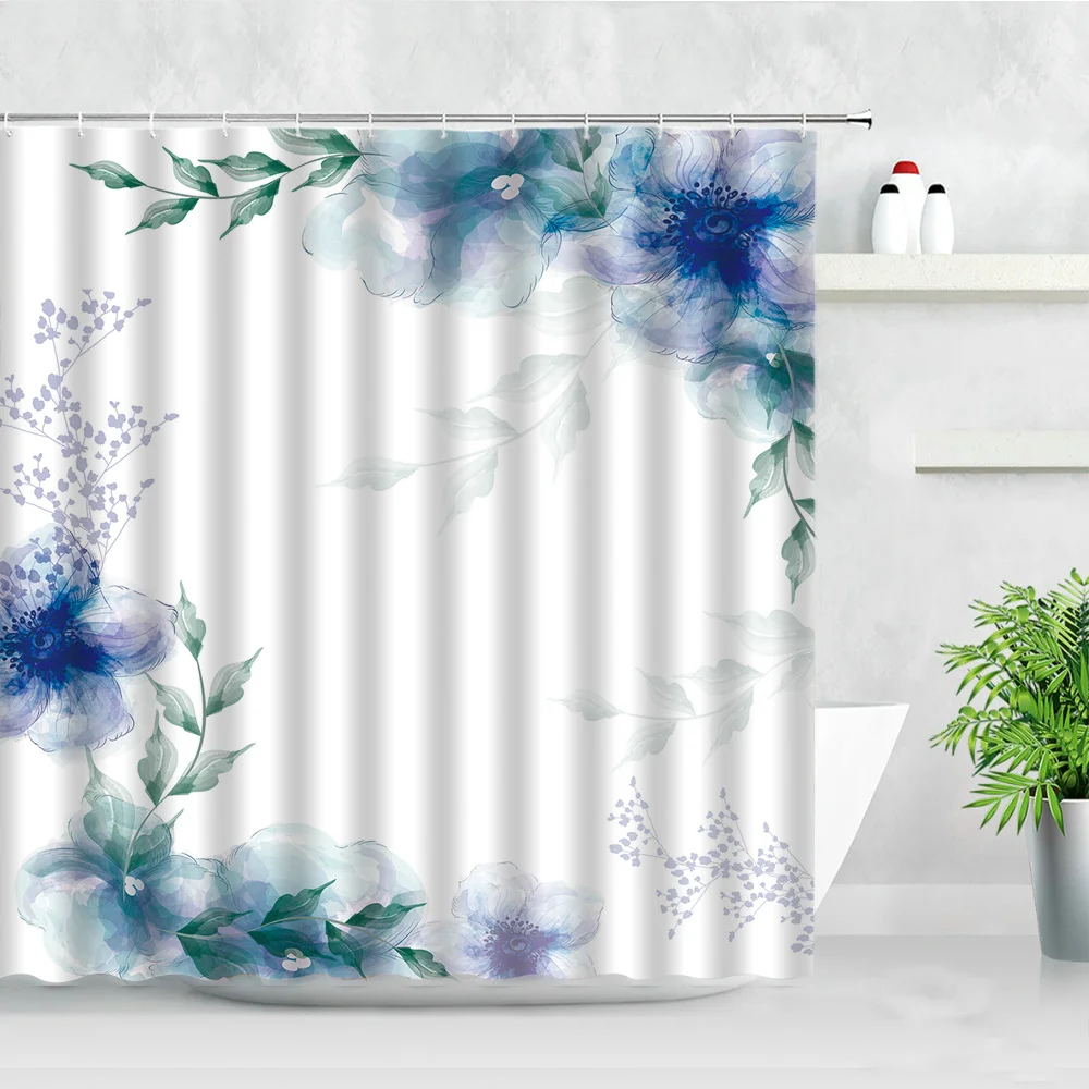 

Waterproof Fabric Shower Curtains Blue Flower Plant Printing Water Color Art Simple Decor Bath Screen Hooks Bathroom Curtain Set